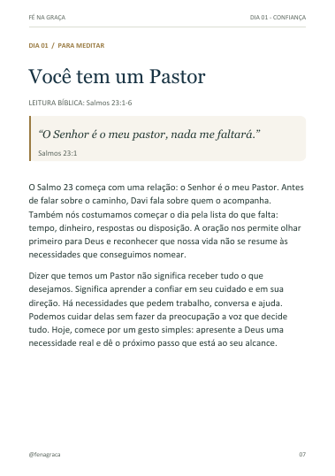 Página real de leitura e reflexão do dia 1 do devocional.