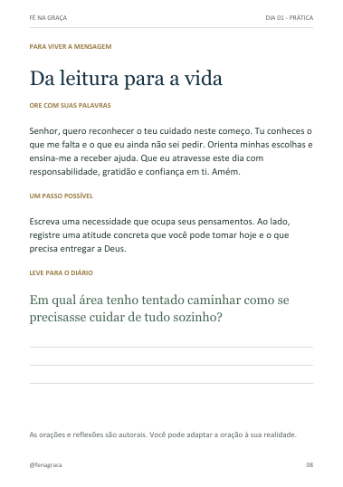 Página real com oração, um passo possível e espaço para reflexão pessoal.
